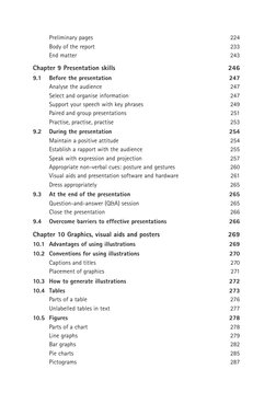 Preliminary pages 	
224
Body of the report 	
233
End matter	
243
Chapter 9 Presentation skills	
246
9.1 	 Before the presenta