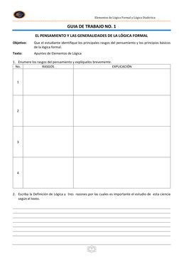 Elementos de Lógica Formal y Lógica Dialéctica 
 
 
 
3 
GUIA DE TRABAJO NO. 1 
 
EL PENSAMIENTO Y LAS GE