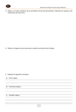 Elementos de Lógica Formal y Lógica Dialéctica 
 
 
 
4 
3. Elabore un Cuadro Sinóptico de las principale