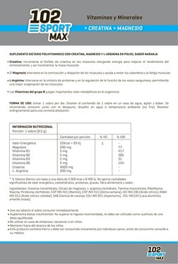 Vitaminas y Minerales
+ CREATINA + MAGNESIO
SUPLEMENTO DIETARIO POLIVITAMINICO CON CREATINA, MAGNESIO Y L-ARGININA EN POLVO,