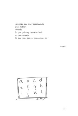 21
 
supongo que estoy practicando
para hablar
cuando
lo que quiero y necesito decir
es exactamente
lo que tú ni quieres ni n