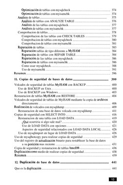 Optimizacion de tablas con mysqlcheck ..................................................... 374 
Optimizacion de tablas con m