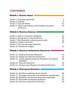CONTENIDO
Módulo 1. Nuestro dinero
Sesión 1. Conceptos generales
Sesión 2. El dinero
Sesión 3. Usos del dinero
Sesión 4. Caje