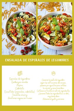 ENSALADA DE ESPIRALES DE LEGUMBRES
 
Espirales de legumbres 
Garbanzos cocidos 
Pepino 
Cebolleta 
Encurtidos (pepinillos, ce