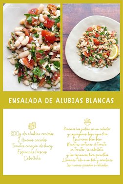 ENSALADA DE ALUBIAS BLANCAS
800g de alubias cocidas
2 Huevos cocidos
Tomates corazón de buey
Espinacas frescas
Cebolleta
Pone
