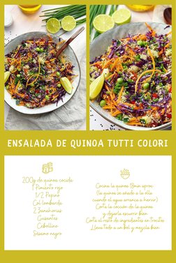 ENSALADA DE QUINOA TUTTI COLORI
200g de quinoa cocida
1 Pimiento rojo
1/2 Pepino
Col lombarda
2 Zanahorias
Guisantes
Cebollin