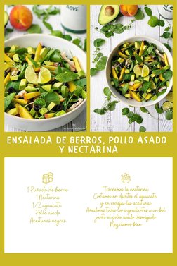 ENSALADA DE BERROS, POLLO ASADO 
Y NECTARINA
 
1 Puñado de berros
1 Nectarina
1/2 aguacate 
Pollo asado
Aceitunas negras
 
Tr