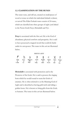 Sarah Segar 
4 
 
1.2. CLASSIFICATION OF THE RUNES 
The runes were, and still are, created on small pieces of 
wood or ston