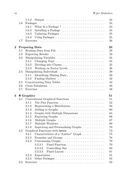 vi
R for Statistics
1.5.2
Output
. . . . . . . . . . . . . . . . . . . . . . . . . .
24
1.6
Packages
. . . . . . . . . . . .