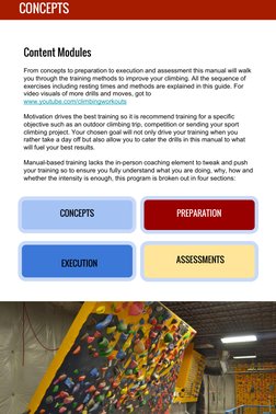 (http://www.youtube.com/climbingworkouts)CONCEPTS
PREPARATION
EXECUTION
ASSESSMENTS
CONCEPTS
Content Modules
From concepts t