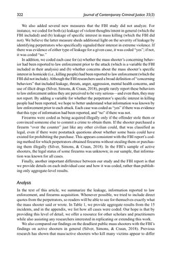 322	
Journal of Contemporary Criminal Justice 35(3)
We also added several new measures that the FBI study did not analyze. Fo