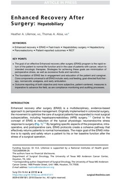 Enhanced Recovery After
Surgery: Hepatobiliary
Heather A. Lillemoe, MD, Thomas A. Aloia, MD*
INTRODUCTION
Enhanced recovery a