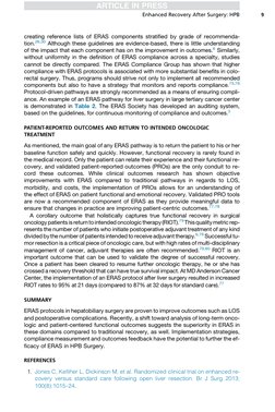 creating reference lists of ERAS components stratified by grade of recommenda-
tion.26,30 Although these guidelines are evide
