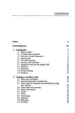 CONTENTS 
Preface 
xi 
Acknowledgements 
xiii 
t 
Fundamentals 
t 
1.1 
What is radar? 
1 
1.2 A simple radar explained 
3 
1