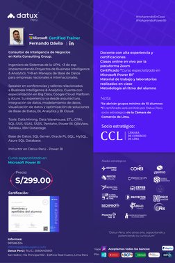 Certiﬁed Trainer
Informes:
981586324
San Isidro | Vía Principal 102 - Ediﬁcio Real Cuatro, Lima Perú
Datux Perú | R.U.C.: 206