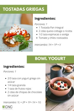 TOSTADAS GRIEGAS
BOWL YOGURT 
Ingredientes: 
1 Tostada Pan integral
2 cdas queso cottage o ricotta
1/2 taza espinacas o acelg