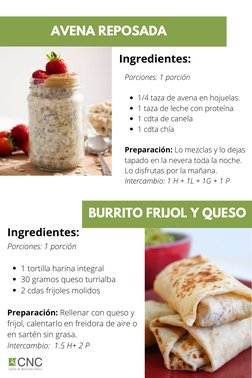 AVENA REPOSADA
BURRITO FRIJOL Y QUESO
Ingredientes: 
1/4 taza de avena en hojuelas.
1 taza de leche con proteína
1 cdta de ca
