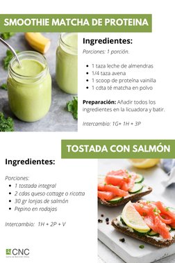 SMOOTHIE MATCHA DE PROTEINA
TOSTADA CON SALMÓN
Ingredientes: 
1 taza leche de almendras
1/4 taza avena
1 scoop de proteína va