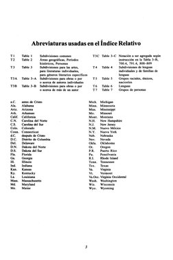 Abreviaturas usadas en el Índice Relativo
T I 
Table 1
T 2 
Table 2
T 3 
Table 3
T3A Table 3—A
T3B Table 3—B
Subdivisiones co