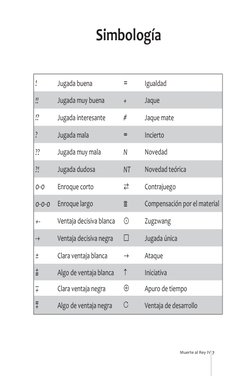 Muerte al Rey IV 7
Simbología
!
Jugada buena
=
Igualdad
!!
Jugada muy buena
+
Jaque
!?
Jugada interesante
#
Jaque mate
?
Juga