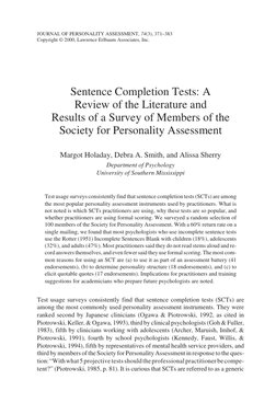 Sentence Completion Tests: A
Review of the Literature and
Results of a Survey of Members of the
Society for Personality Asses