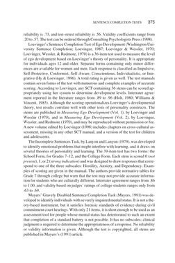 reliability is .73, and test–retest reliability is .56. Validity coefficients range from
.20 to .57. The test can be ordered