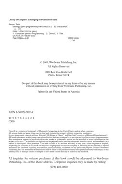 Library of Congress Cataloging-in-Publication Data
Barron, Todd.
Strategy game programming with DirectX 9.0 / by Todd Barron.