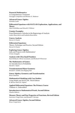 Financial Mathematics:
A Comprehensive Treatment
Giuseppe Campolieti and Roman N. Makarov
Advanced Linear Algebra
Nicholas Lo