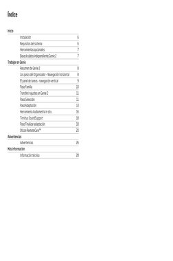 Inicio
Instalación	
6
Requisitos del sistema	
6
Herramientas opcionales	
7
Base de datos independiente Genie 2	
7
Trabajar en