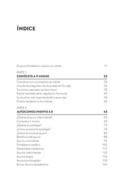 ÍNDICE
El ayuno fortalece tu cuerpo y tu mente	
11
PARTE 1
CONÓCETE A TI MISMO	
23
Comienza con un propósito en mente	
25
Una