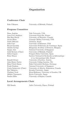Organization
Conference Chair
Esko Ukkonen
University of Helsinki, Finland
Program Committee
Dana Angluin
Yale University, US