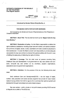 SIXTEENTH CONGRESS OF THE REPUBLIC 
OF THE PHILIPPINES 
) 
) 
) 
First Regular Session 
'13 
JUL 18 P6 :00 
SENATE 956 
S.B.N