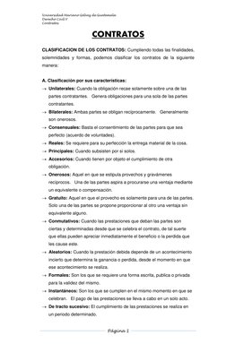Universidad Mariano Gálvez de Guatemala 
Derecho Civil V 
Contratos 
 
  
Página 1  
 
 
CONTRATOS 
CLASIFICACION DE LOS CONT