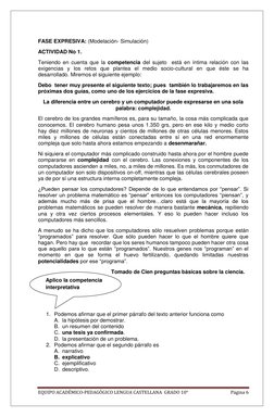 EQUIPO ACADÉMICO-PEDAGÓGICO LENGUA CASTELLANA  GRADO 10° 
Página 6 
 
FASE EXPRESIVA: (Modelación- Simulación) 
ACTIVIDAD No