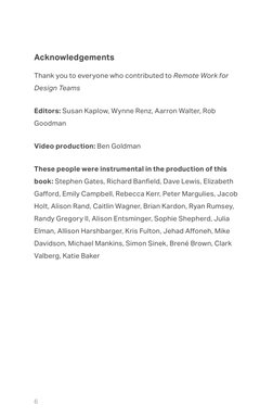 Acknowledgements
Thank you to everyone who contributed to Remote Work for 
Design Teams
Editors: Susan Kaplow, Wynne Renz, Aa