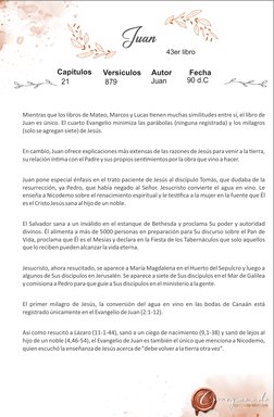 Mientras que los libros de Mateo, Marcos y Lucas Ɵenen muchas similitudes entre sí, el libro de
Juan es único. El cuarto Eva