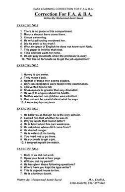 EASY LEARNING CORRECTION FOR F.A & B.A.
Correction For F.A. & B.A.
Written By: Muhammad Aamir Saeed
EXERCISE NO.1
1. There is