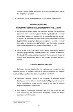 - 2 - 
 
plaintiff’s void donation which casts a cloud upon defendant’s title on 
the property in question. 
 
5. Defendant h