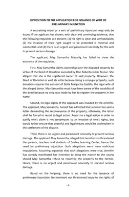 - 4 - 
 
OPPOSITION TO THE APPLICATION FOR ISSUANCE OF WRIT OF 
PRELIMINARY INJUNCTION 
 
A restraining order or a writ of pr