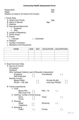1 | P a g e  
 
Community Health Assessment Form 
 
Respondent:  
 
 
 
 
 
 
 
Age:  
Stage: 
 
 
 
 
 
 
 
 
Sex:  
Relatio
