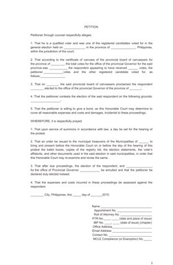 PETITION 
Petitioner through counsel respectfully alleges: 
1. That he is a qualified voter and was one of the registered can