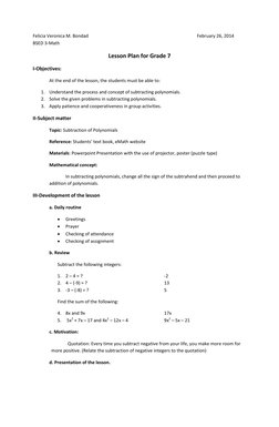 Felicia Veronica M. Bondad 
 
 
 
 
 
 
February 26, 2014 
BSED 3-Math 
Lesson Plan for Grade 7 
I-Objectives: 
 
At the end