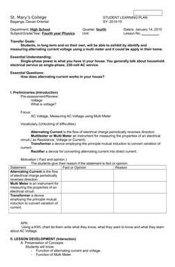 St. Mary’s College
STUDENT LEARNING PLAN
Baganga, Davao Oriental
SY: 2014-15
Department: High School