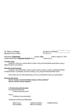 St. Mary’s College
STUDENT LEARNING PLAN
Baganga, Davao Oriental
SY: 2013-14
Department: Elementary
 
                      Q
