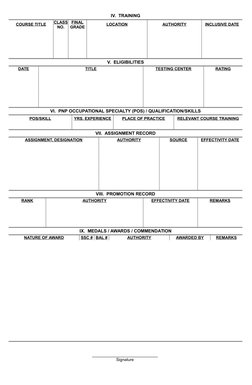 IV.  TRAINING
COURSE TITLE
CLASS
NO.
FINAL
GRADE
LOCATION
AUTHORITY
INCLUSIVE DATE
V.  ELIGIBILITIES
DATE
TITLE
TESTING CENTE