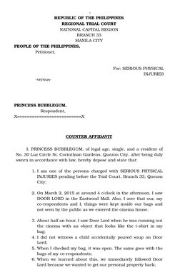 1
REPUBLIC OF THE PHILIPPINES
REGIONAL TRIAL COURT
NATIONAL CAPITAL REGION
BRANCH 33
MANILA CITY
PEOPLE OF THE PHILIPPINES,
P
