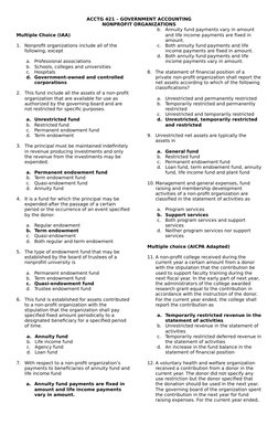 ACCTG 421 – GOVERNMENT ACCOUNTING
NONPROFIT ORGANIZATIONS
Multiple Choice (IAA)
1.
Nonprofit organizations include all of the
