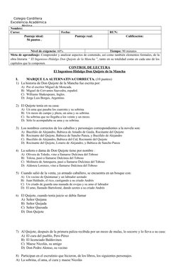 Colegio Cordillera
Excelencia Académica
           Molina.
CONTROL DE LECTURA
El Ingenioso Hidalgo Don Quijote de la Manch