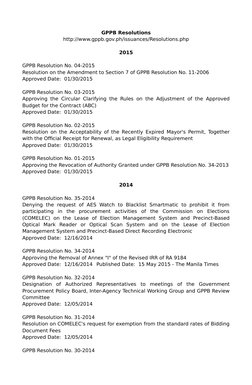 GPPB Resolutions
http://www.gppb.gov.ph/issuances/Resolutions.php
2015
GPPB Resolution No. 04-2015
Resolution on the Amendmen