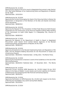 GPPB Resolution No. 21-2014
Approving the request of the UP to resort to Negotiated Procurement under Section
53.1 (Two Faile